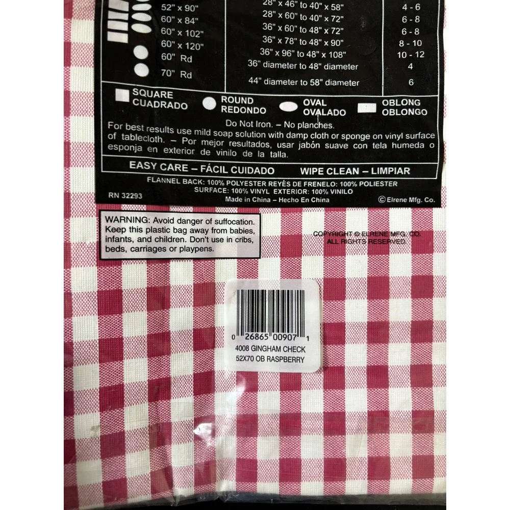 Vintage Elrene Raspberry Gingham Check Vinyl Tablecloth‎ 52x70 Oblong NOS 1999